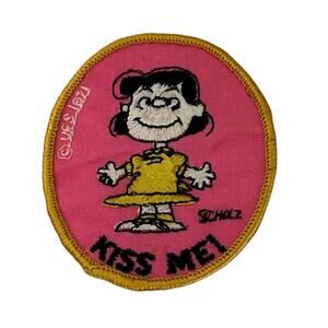 Vintage KISS ME Lucy Van Pelt Peanuts Character Sew On Patch 1970s Pink Twill